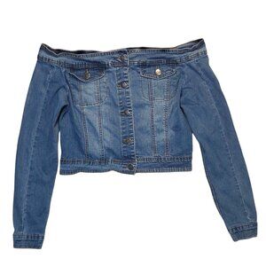 American Bazi Blue Denim Off the Shoulder Trendy Baddie Jean Jacket Top Size L